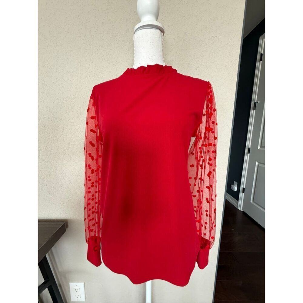 Red Sheer Sleeve Polka Dot Ruffle Neck blouse Medium